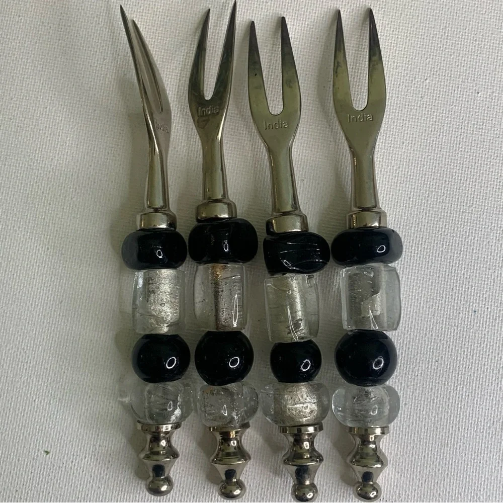 4 Glass Beaded Stainless Steel Forks Appetizers Olives Charcuterie Cocktail Set